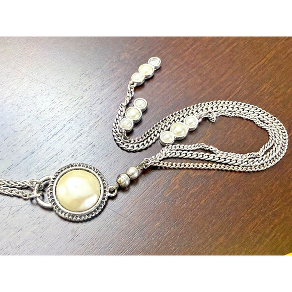 Lucky Brand Silver Plated Faux Pearl Cabochon Y-Drop Necklace 18"- 20" extend - Picture 1 of 9